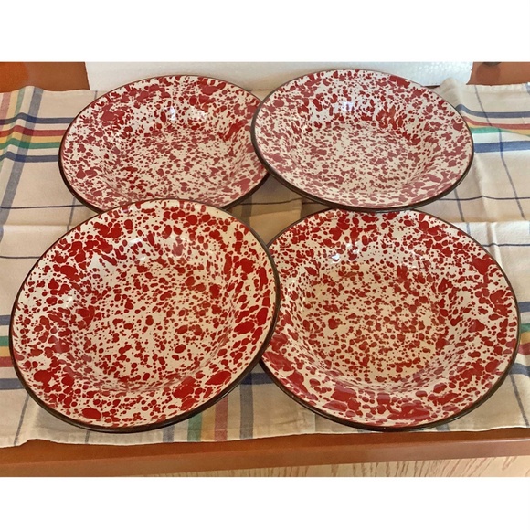 Enamelware 4 Soup/Salad Bowls Red Splatter 8" EUC - Picture 3 of 5
